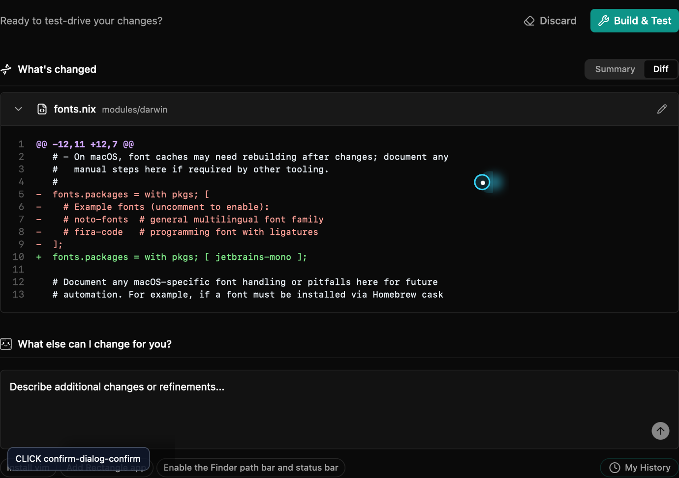 Selected at 7.0s, label "after-click-confirm-dialog-confirm"; low-contrast frame; late-flow frame.